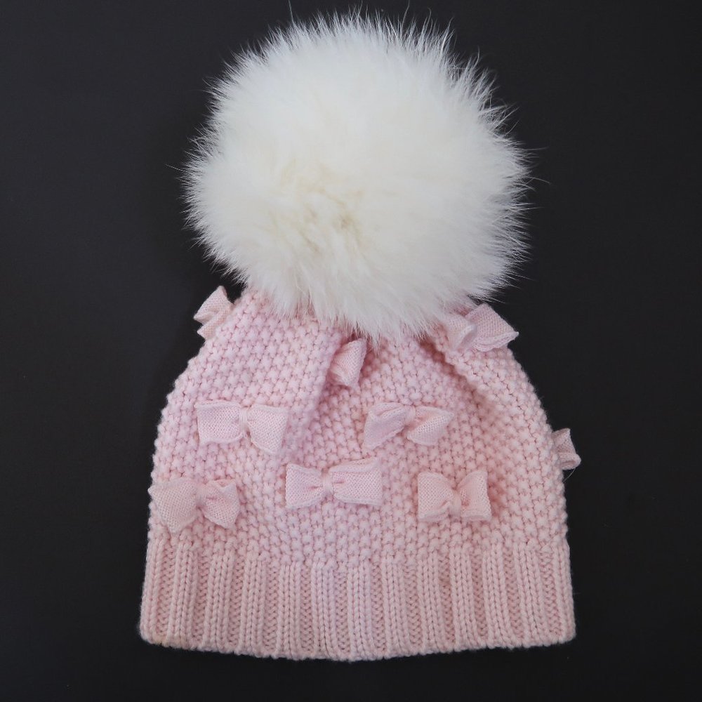 CATYA girls knit beanie w bows & fur pompom